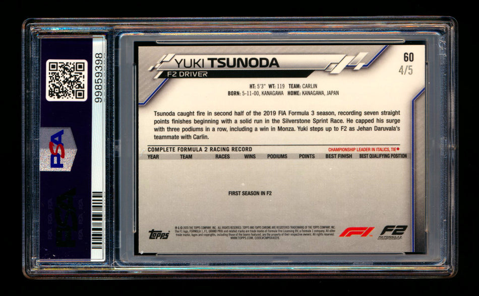 2020 Topps Chrome F1 #60 Yuki Tsunoda RC Red Wave Refractor #4/5 PSA 7