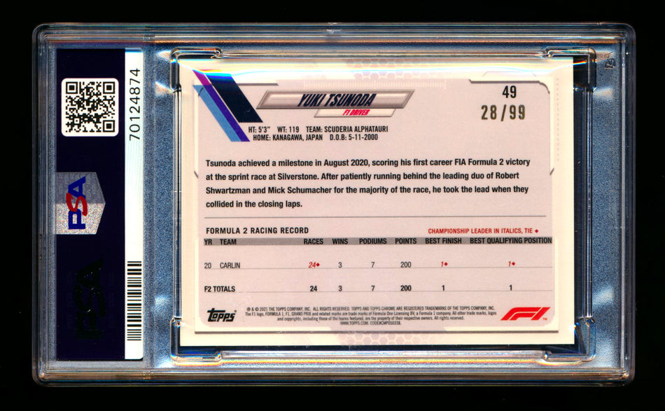 2021 Topps Chrome Sapphire F1 #49 Yuki Tsunoda RC Aqua Refractor #28/99 PSA 10 ** (SOLD - $49.00 - 11/22/2024) **
