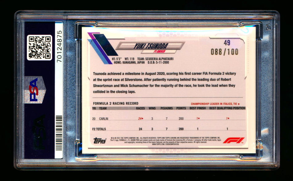 2021 Topps Chrome Sapphire F1 #49 Yuki Tsunoda RC Negative Refractor #088/100 PSA 10 ** (SOLD - $49.00 - 11/22/2024) **