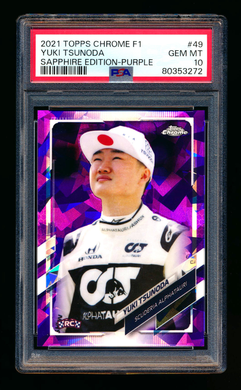 2021 Topps Chrome Sapphire F1 #49 Yuki Tsunoda RC Purple Refractor #08/10 PSA 10 ** (SOLD - $149.00 - 11/22/2024) **
