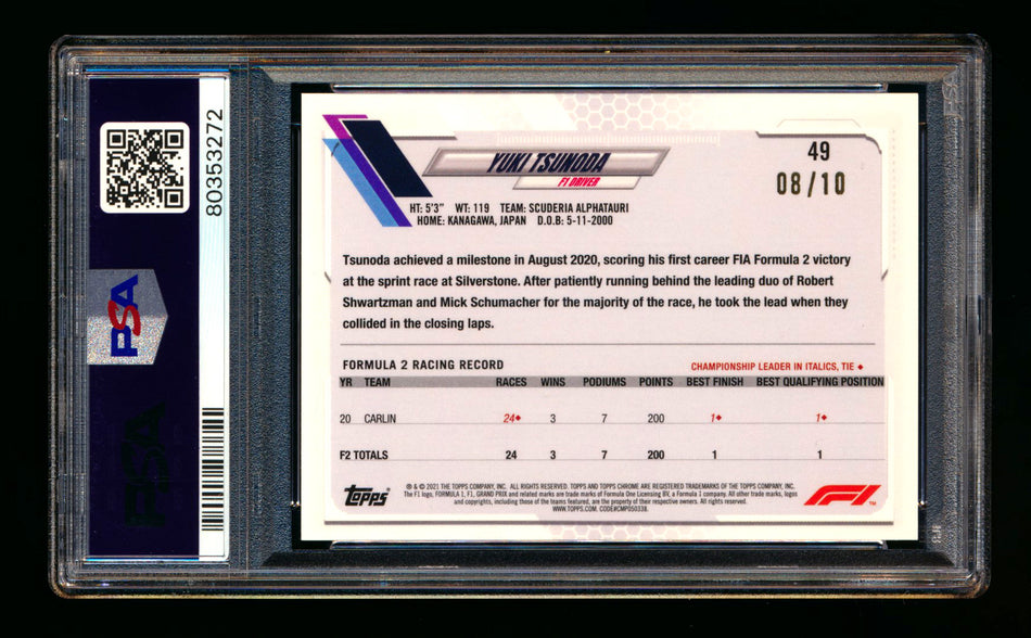 2021 Topps Chrome Sapphire F1 #49 Yuki Tsunoda RC Purple Refractor #08/10 PSA 10 ** (SOLD - $149.00 - 11/22/2024) **