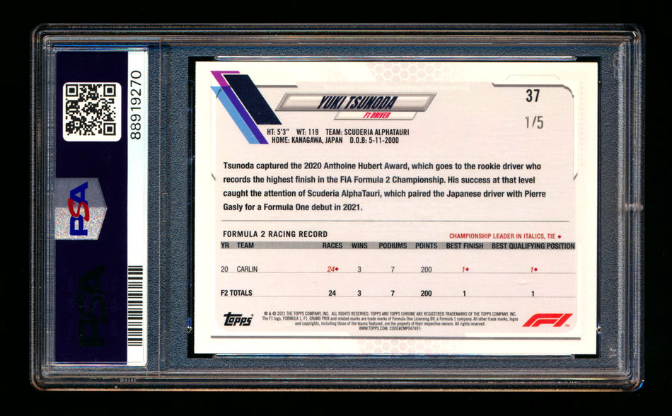 2021 Topps Chrome F1 #37 Yuki Tsunoda RC Red Wave Refractor #1/5 PSA 10 (First #!)