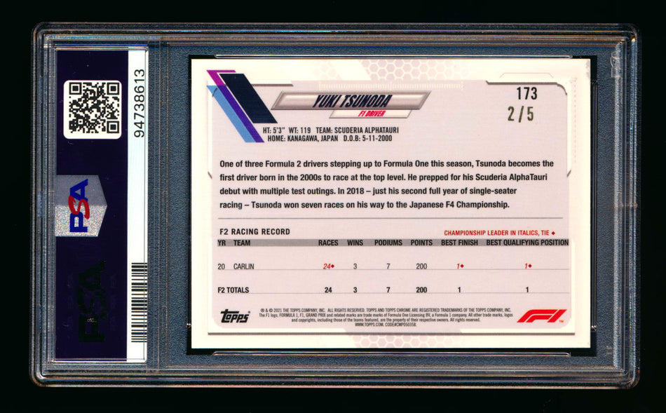 2021 Topps Chrome Sapphire F1 #173 Yuki Tsunoda RC Red Refractor Image Variation SP #2/5 PSA 10 ** (SOLD eBay - $761.00 - 1/5/2025) **