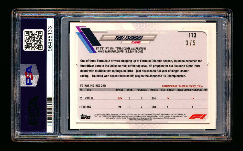 2021 Topps Chrome Sapphire F1 #173 Yuki Tsunoda RC Red Refractor #3/5 PSA 9 ** (SOLD eBay - $222.00 - 12/23/2024) **