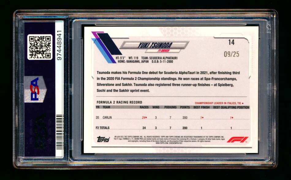 2021 Topps Chrome F1 #14 Yuki Tsunoda RC Orange Checker Flag Refractor Portrait #09/25 PSA 10 ** (SOLD eBay - $95.00 - 2/1/2025) **