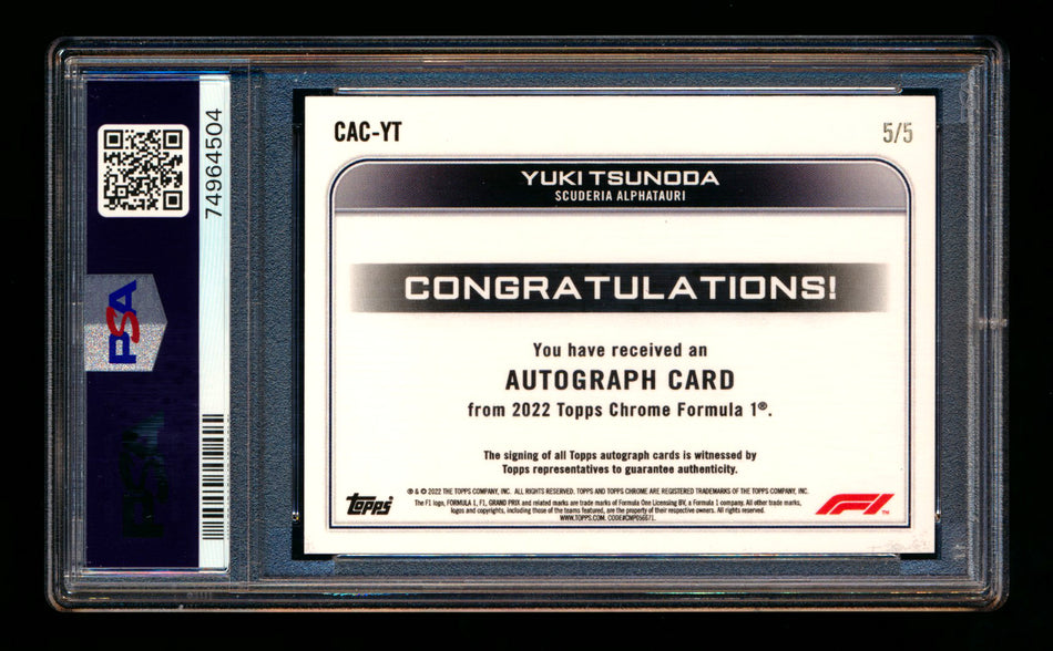 2022 Topps Chrome F1 #CAC-YT Yuki Tsunoda Red Refractor Autograph #5/5 PSA 10 (Last #!)