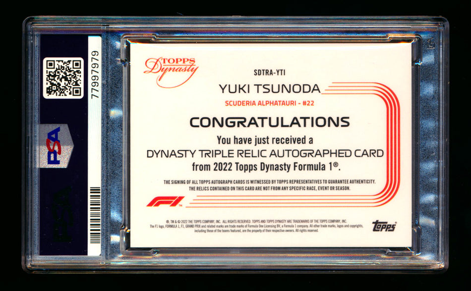 2022 Topps Dynasty F1 #SDTRA-YTI Yuki Tsunoda Red Triple Patch Autograph #5/5 PSA 8 NM-MT (Last #!)