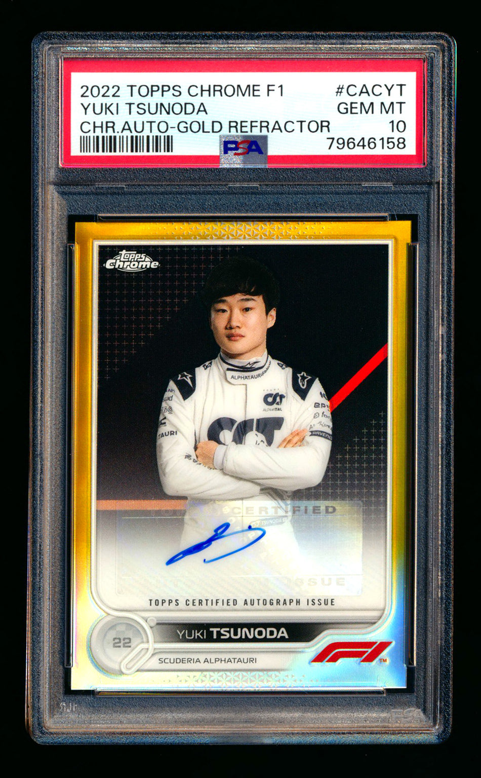 2022 Topps Chrome F1 #CAC-YT Yuki Tsunoda Gold Refractor Autograph #45/50 PSA 10