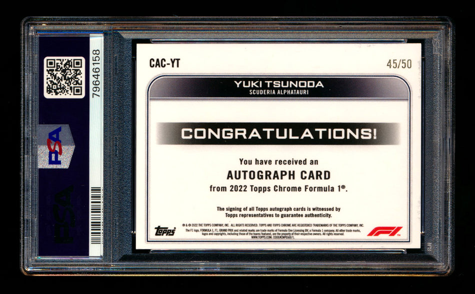 2022 Topps Chrome F1 #CAC-YT Yuki Tsunoda Gold Refractor Autograph #45/50 PSA 10