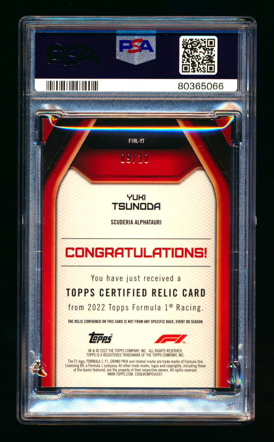 2022 Topps F1 #F1RL-YT Yuki Tsunoda Black Parallel Patch #09/10 PSA 8