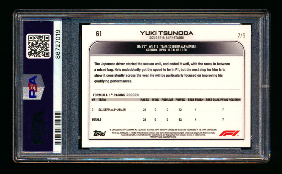2022 Topps Chrome F1 #61 Yuki Tsunoda Red Raywave Refractor Portrait #2/5 PSA 10
