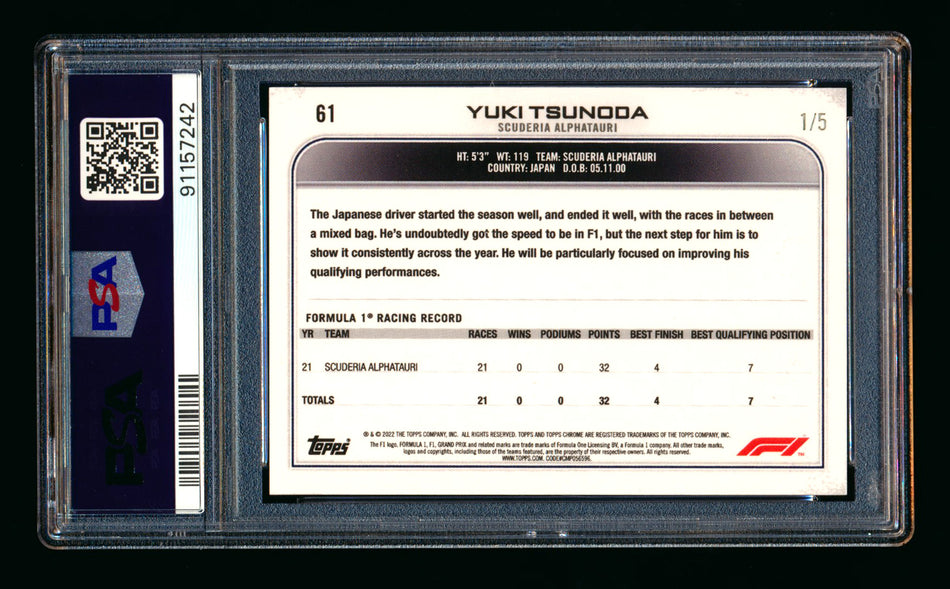 2022 Topps Chrome F1 #61 Yuki Tsunoda Red Checker Flag Refractor Portrait #1/5 PSA 9 (First #!) ** (SOLD - $125.00 - 5/29/2026) **