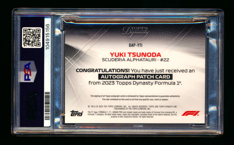 2023 Topps Dynasty F1 #DAP-YTI Yuki Tsunoda Patch Autograph #04/10 PSA 10 Gem Mint - POP 1!