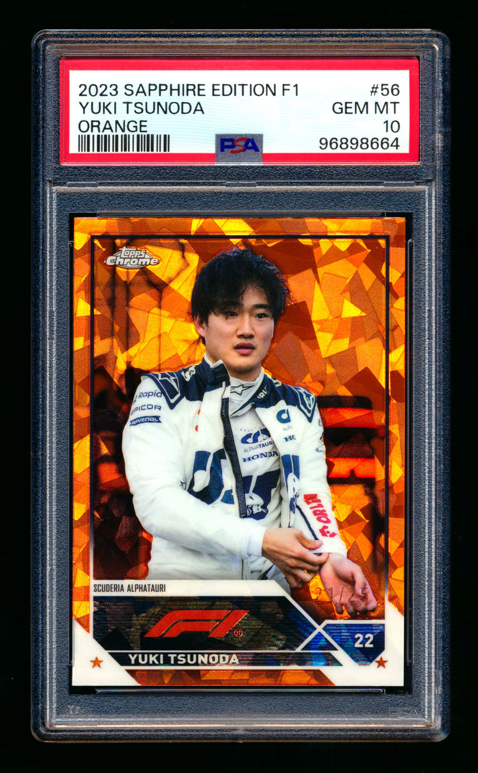 2023 Topps Chrome Sapphire F1 #56 Yuki Tsunoda Orange Refractor #21/25 PSA 10