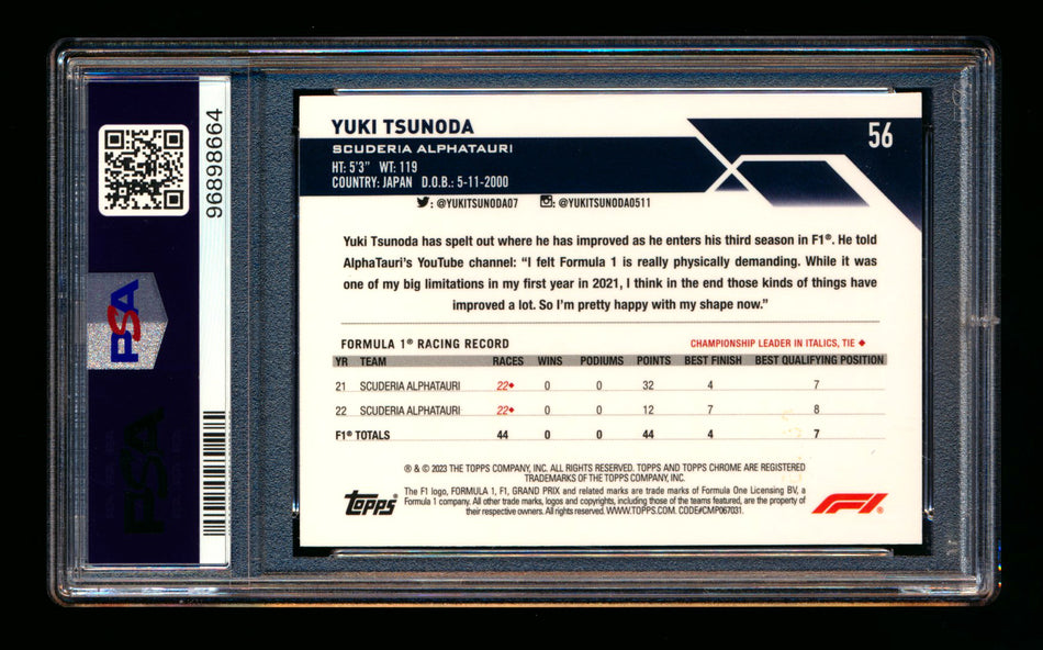 2023 Topps Chrome Sapphire F1 #56 Yuki Tsunoda Orange Refractor #21/25 PSA 10